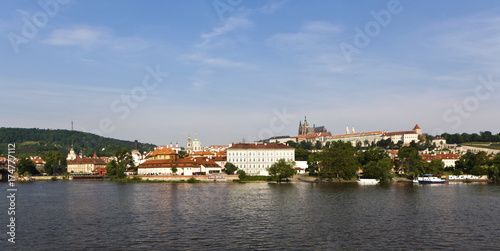 View of the Vltava River, Prague Castle at the back, St. Vitus Cathedral, Hradcany district, Prague, Bohemia region, Czech Republic, Europe
