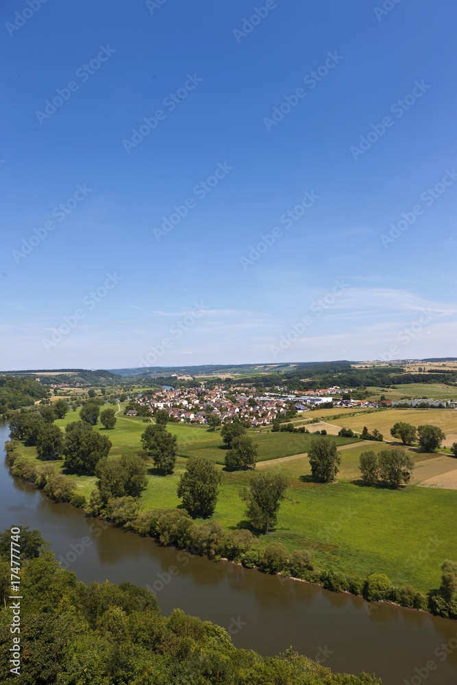 Naklejka premium View over the Neckar River towards the village of Offenau, Neckartal, Baden-Wuerttemberg, Germany, Europe, PublicGround, Europe