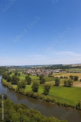 View over the Neckar River towards the village of Offenau, Neckartal, Baden-Wuerttemberg, Germany, Europe, PublicGround, Europe