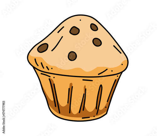 Cupcake cartoon hand drawn image. Original colorful artwork, comic childish style drawing.