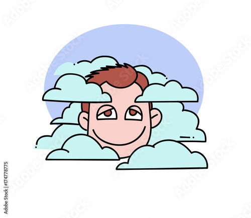 Head in clouds cartoon hand drawn image. Original colorful artwork, comic childish style drawing.