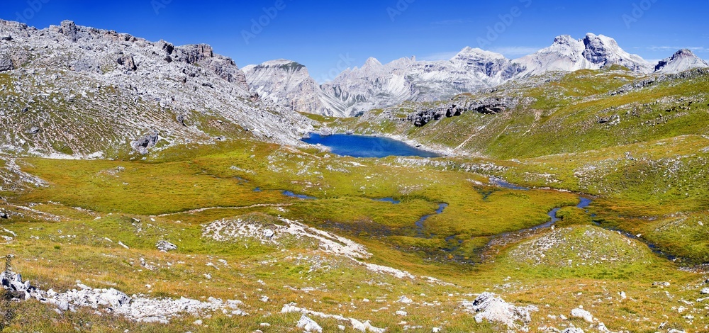 Lake Ciampai on the Crespeina plateau in the Puez Geisler National Park, Selva, Selva, Val Gardena, Gardena Valley, Groednertal, South Tyrol, Italy, Europe