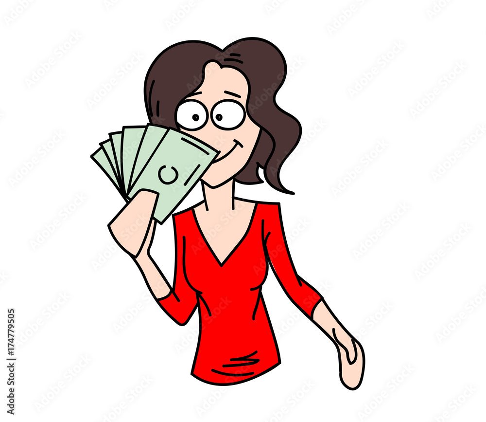 Woman holding on to money cartoon hand drawn image. Original colorful artwork, comic childish style drawing. Woman holding on to money cartoon hand drawn image. Original colorful artwork, comic childish style drawing.