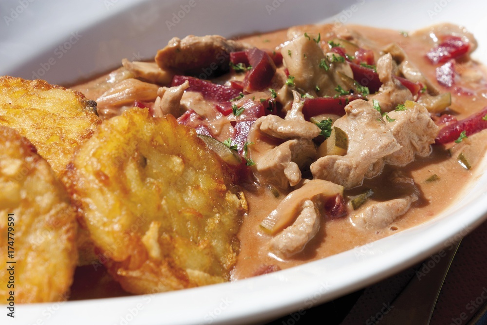Pork Stroganoff and hash browns