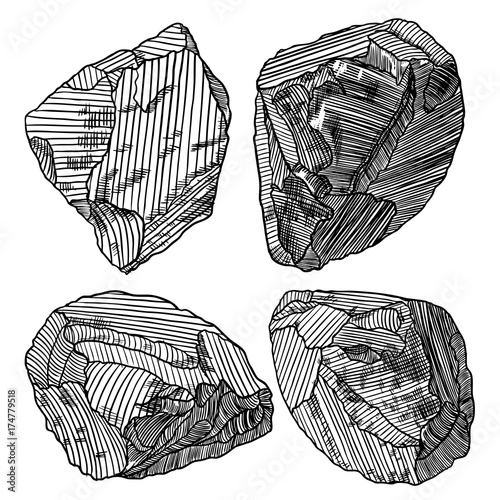 Gold rock or nugget set. Stones prill rubble. Magic crystals of different forms and shapes. Earth magical sacred elements. Vector.