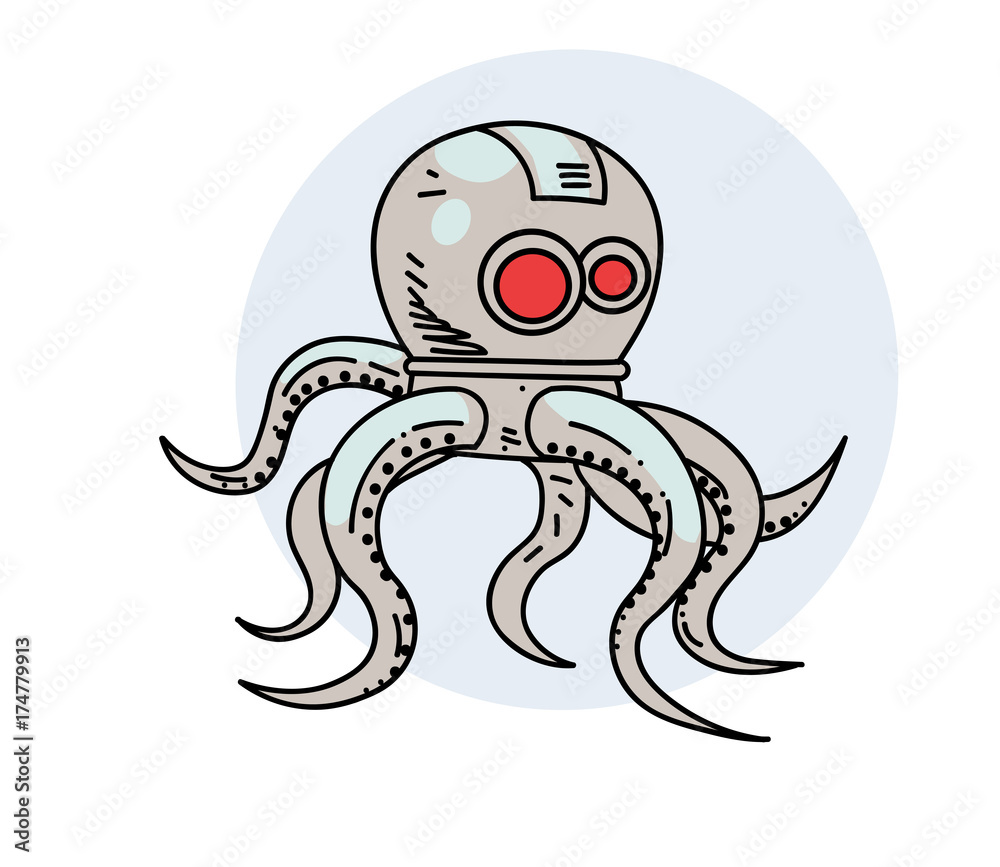 Robot octopus, hand drawn cartoon image. Freehand artistic illustration.  vector de Stock | Adobe Stock