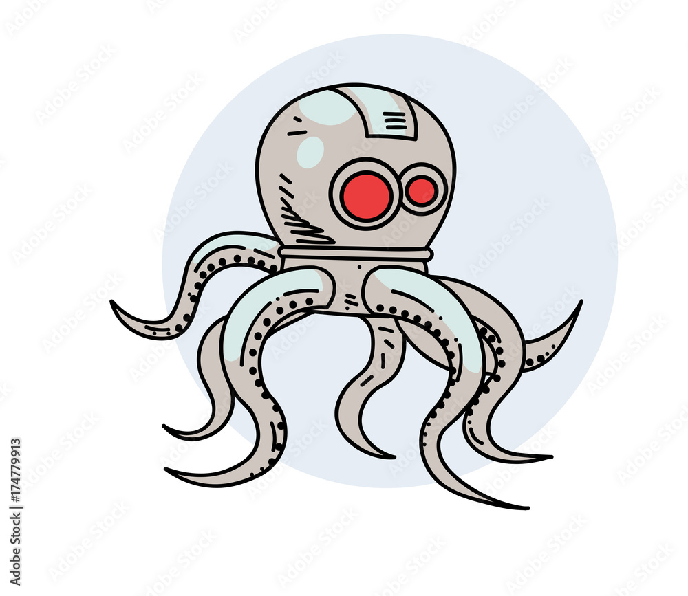 Robot octopus, hand drawn cartoon image. Freehand artistic illustration. Robot octopus, hand drawn cartoon image. Freehand artistic illustration.