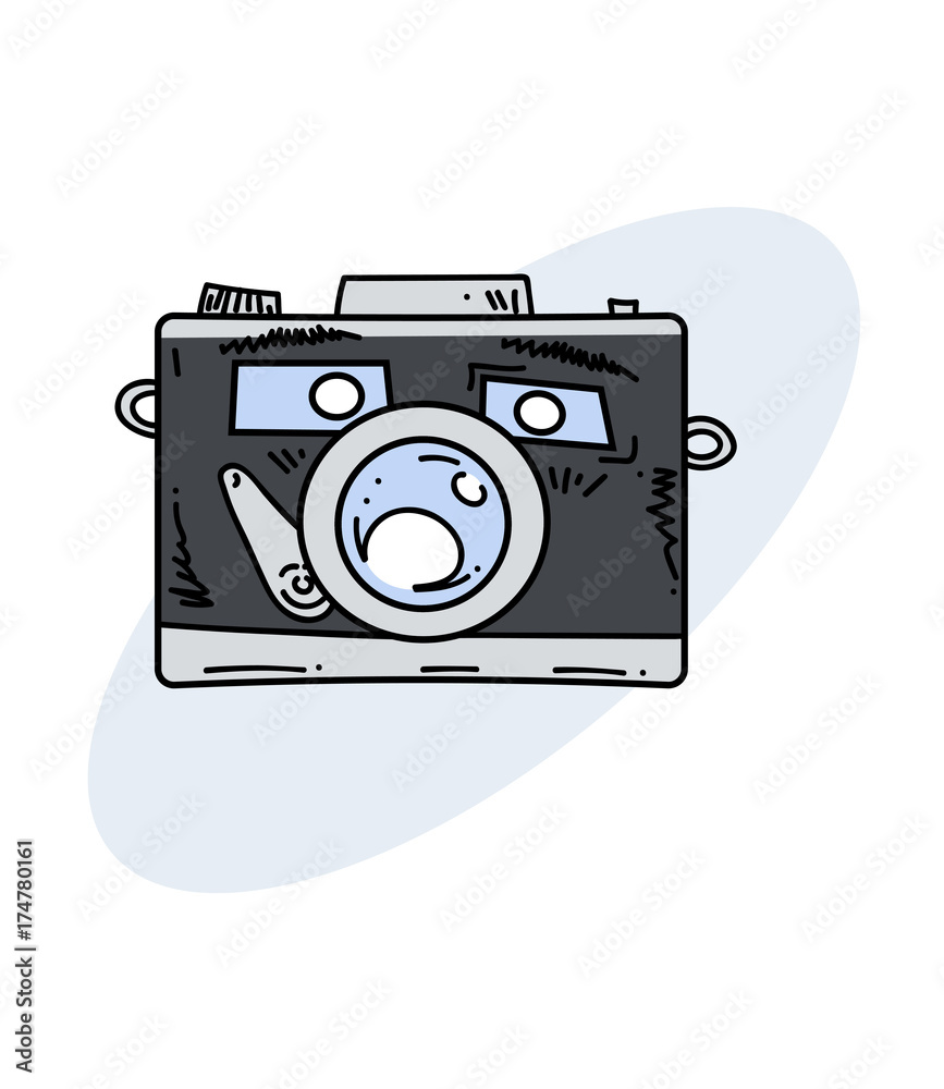 Camera character funny, hand drawn cartoon image. Freehand artistic illustration.