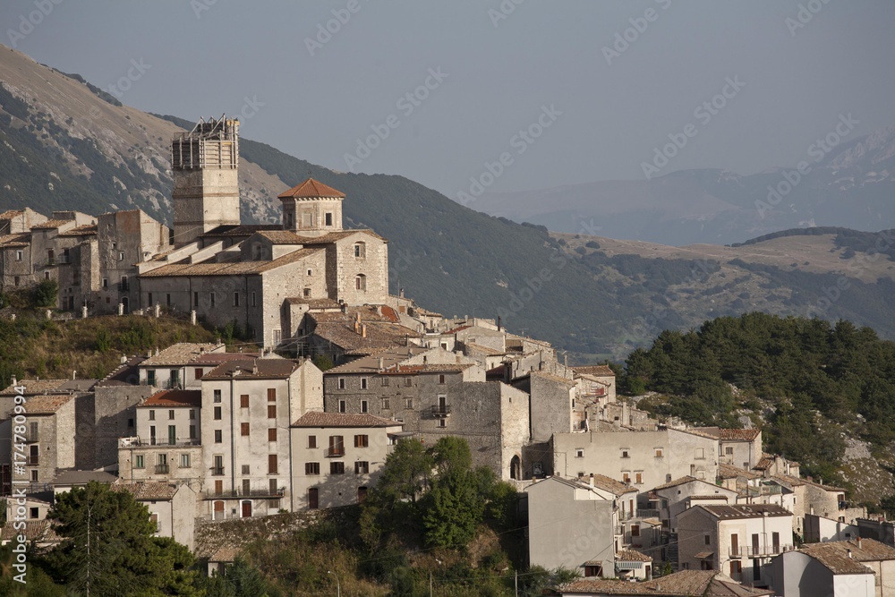 Mountain village of Castel del Monte with scaffolded tower after earthquake in 2009, L'Aquila, Italy, Europe