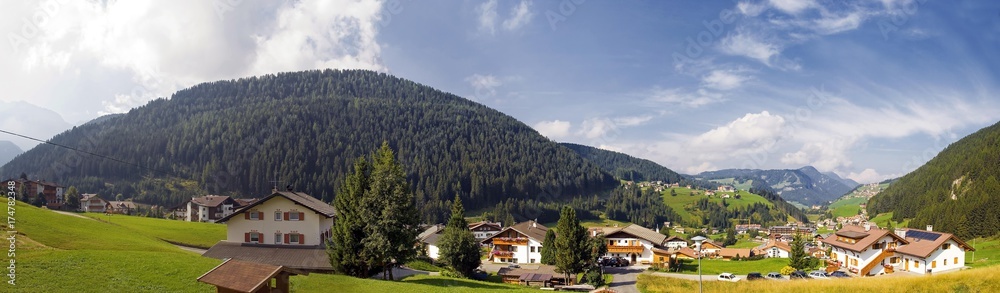 Panoramic view of Selva, Val Gardena, province of Bolzano-Bozen, Italy, Europe