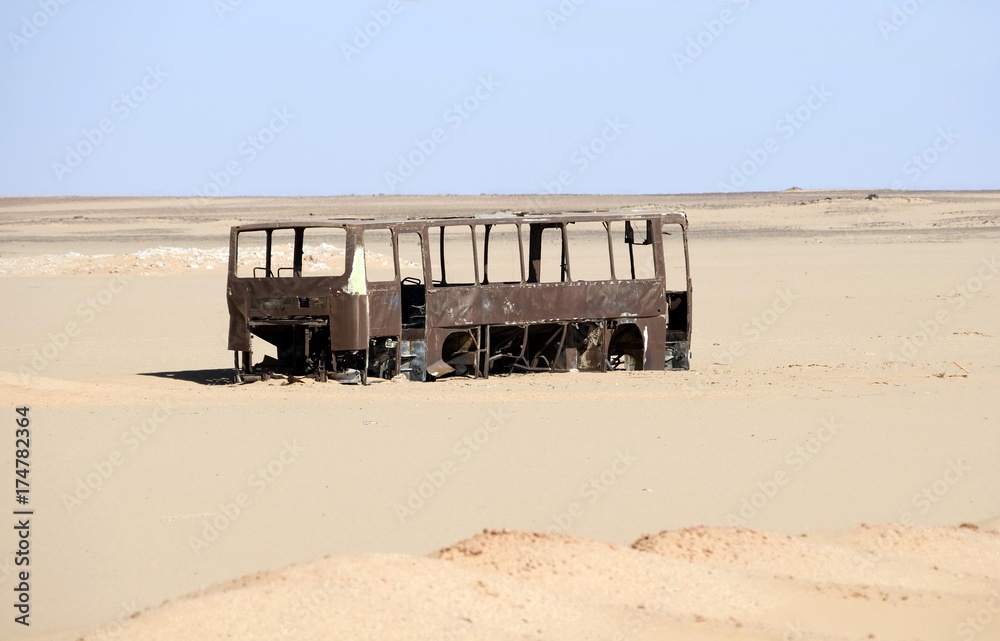 Bus, wreck in the destert near Abu Simpel, Egypt, Africa