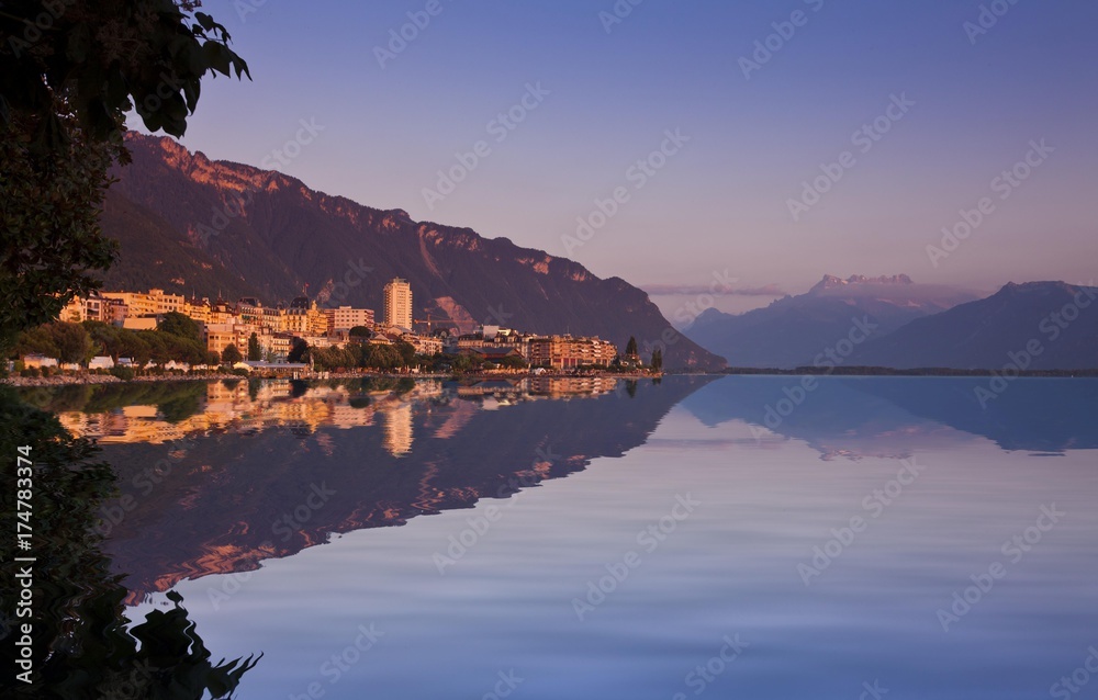Montreux at dusk, Canon Vaud, Lake Geneva, Switzerland, Europe