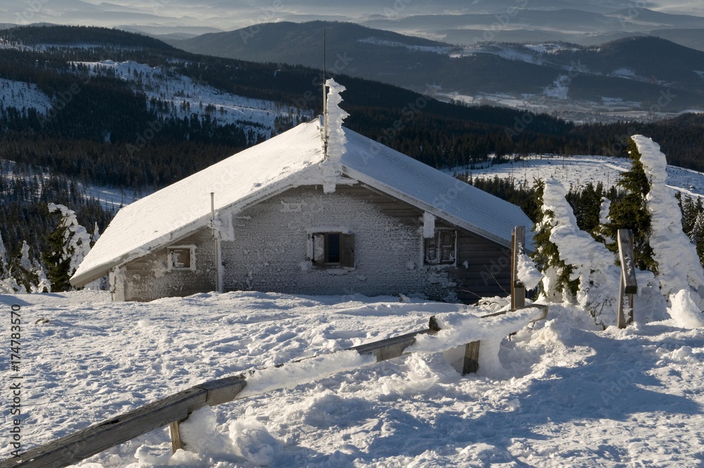 Snow-covered mountain hut on Grossen Arber mountain, Bavarian Forest, Bavaria, Germany, Europe