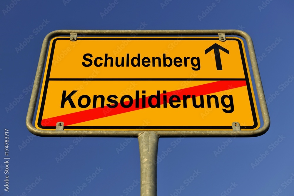 City limit sign, symbolic image in German for the conflict between debt and consolidation City limit sign, symbolic image in German for the conflict between debt and consolidation