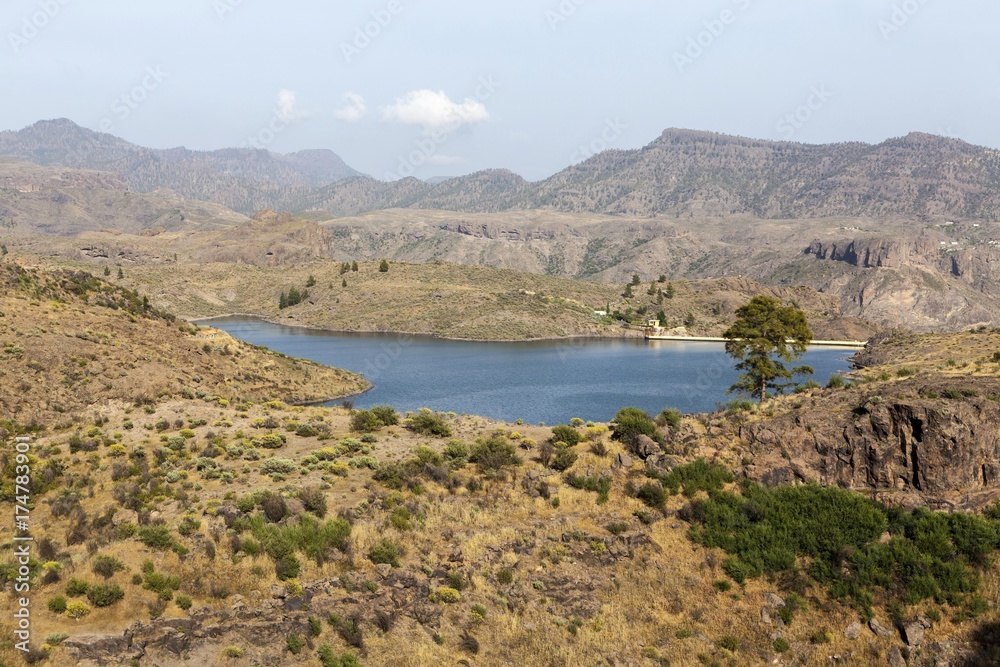 Lake El Juncal, a small reservoir in the Pinar de Pajonales National Park, Roque Bentaiga, Gran Canaria, Canary Islands, Spain, Europe, PublicGround, Europe