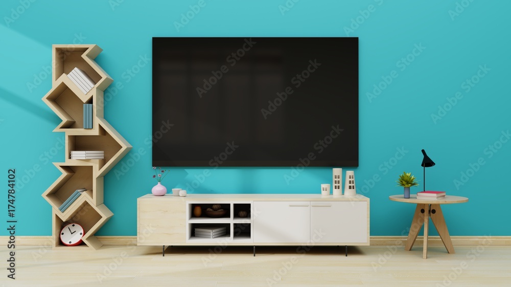 TV in modern empty room blue wall. 3d rendering TV in modern empty room blue wall. 3d rendering