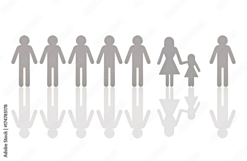 Row of male pictogram figures, with a single female figure with a child, symbolic image for discrimination in employment because of children Row of male pictogram figures, with a single female figure with a child, symbolic image for discrimination in employment because of children