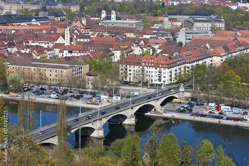 View of Wuerzburg as seen from Fortress Marienberg, Main river, Ludwigsbruecke bridge, Wuerzburg, Franconia, Bavaria, Germany, Europe #174785725