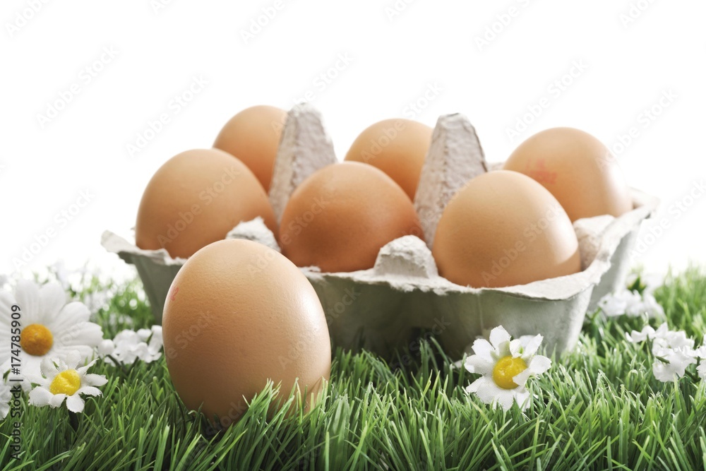 Brown eggs in a carton on an artificial flower meadow Brown eggs in a carton on an artificial flower meadow