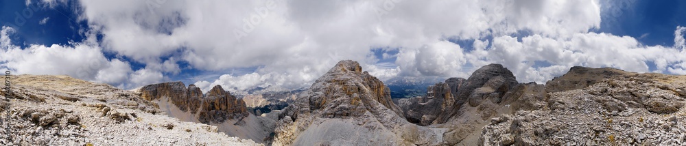 360 panoramic view of the Sella massif from the Pisciadu Spiz or Piza di Pisciadu peak, province of Bolzano-Bozen, Italy, Europe