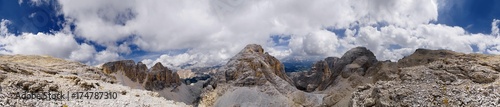 360 panoramic view of the Sella massif from the Pisciadu Spiz or Piza di Pisciadu peak, province of Bolzano-Bozen, Italy, Europe