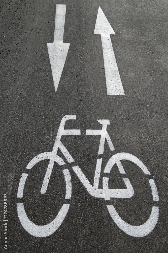 Cycle path, directional arrows, road markings on the asphalt Cycle path, directional arrows, road markings on the asphalt
