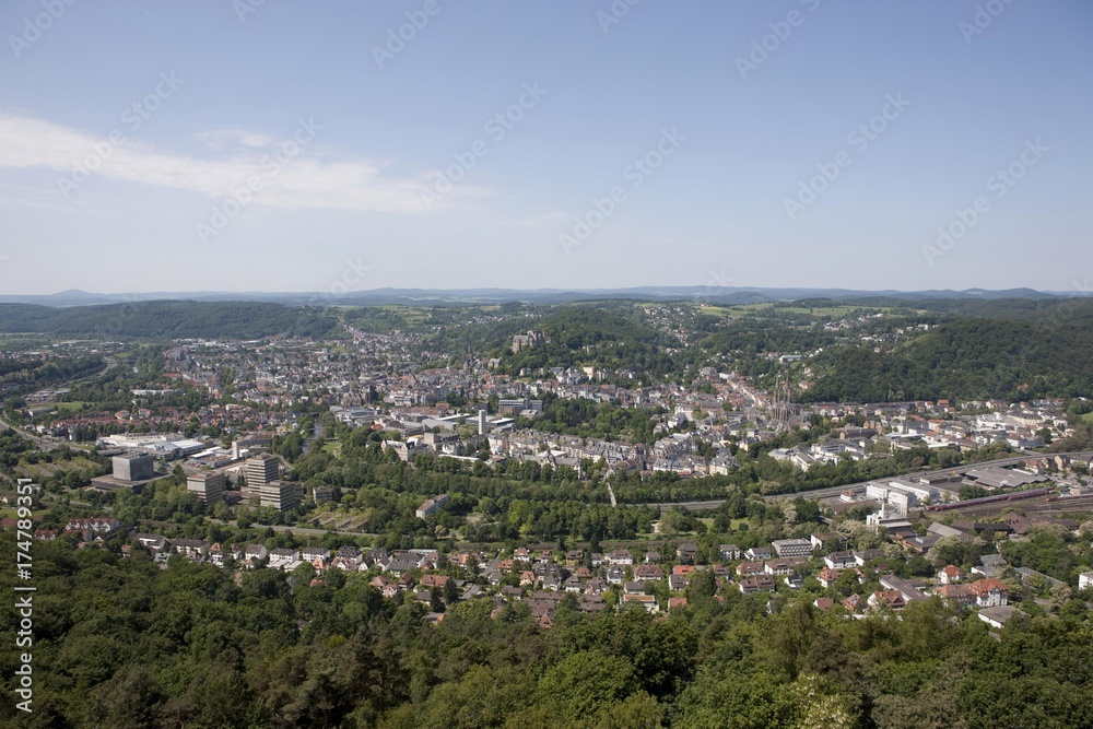 View from Spiegelslustturm tower over the historic town centre of Marburg, the Marburger Ruecken range and the Gladenbach Uplands, Marburg, Hesse, Germany, Europe