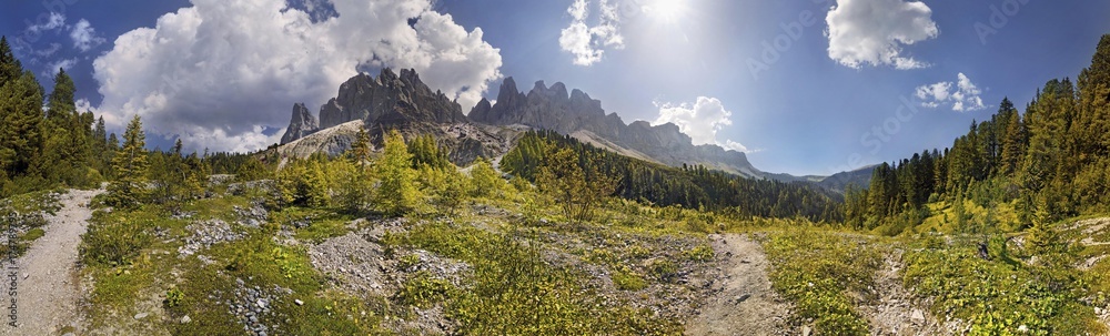 360 panoramic view at the Adolf Munkel trail in the Geisler Group, Odle Mountains, Villnoess or Funes Valley, Dolomites, South Tyrol, Italy, Europe