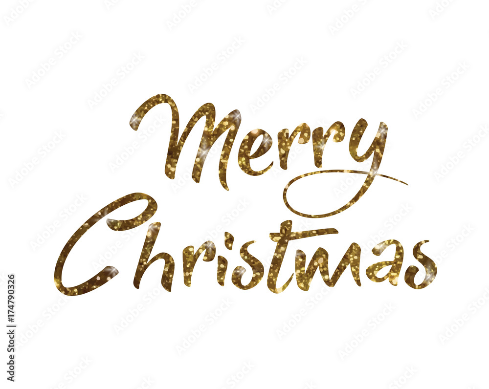 Golden glitter isolated hand writing word Merry Christmas