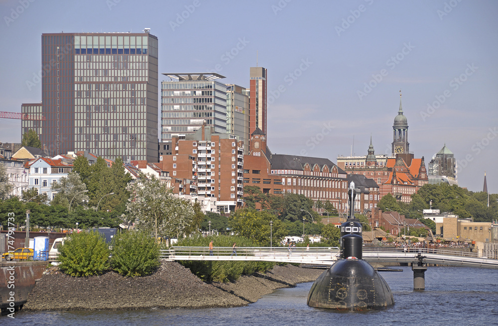 Altona district with a submarine boat, Port of Hamburg, Hamburg, Germany, Europe