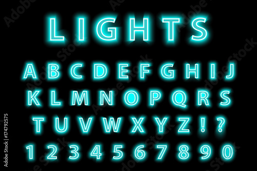 Modern trendy blue neon alphabet on a black background. LED glowing letters font. Luminescent number. Vector illustration