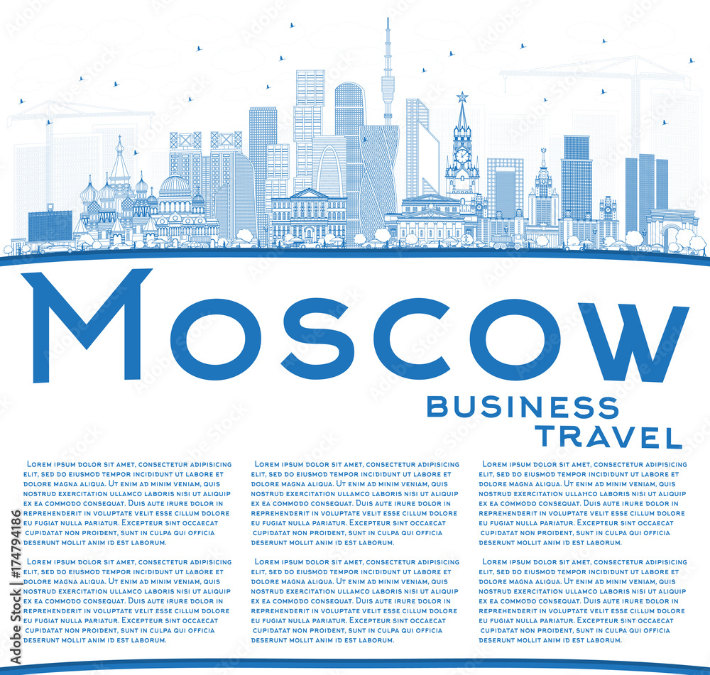 Outline Moscow Russia Skyline with Blue Buildings and Copy Space. Outline Moscow Russia Skyline with Blue Buildings and Copy Space.