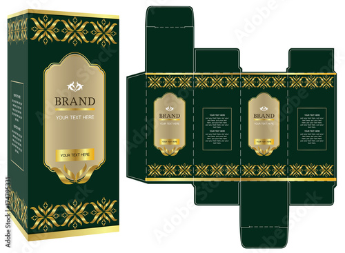 Packaging design, green and gold luxury box design template and mockup box. Illustration vector