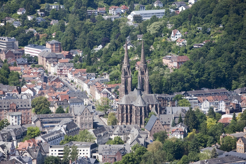 View over Marburg an der Lahn with the historic town centre in front of St. Elizabeth's Church, Marburg, Hesse, Germany, Europe