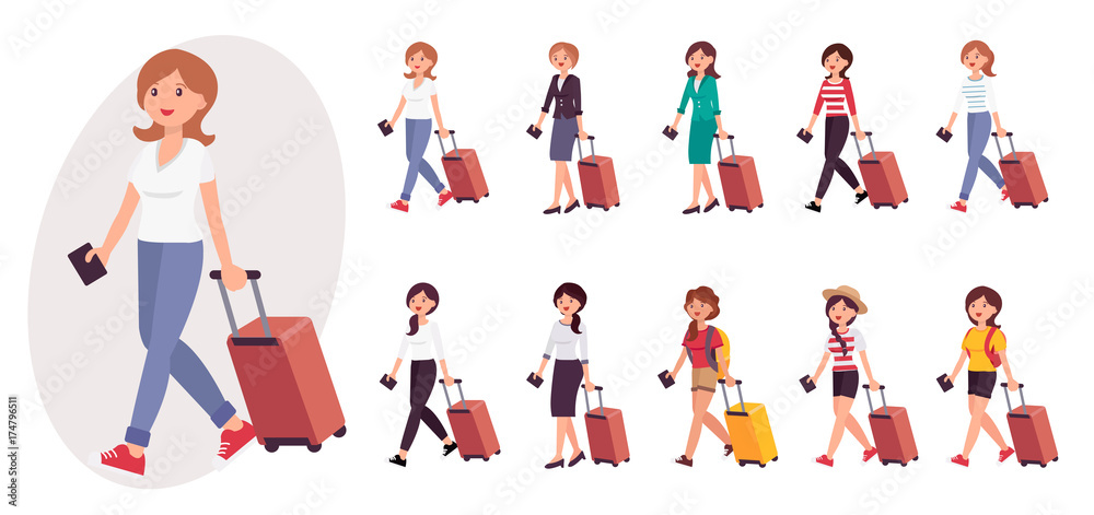 Cartoon character design female tourist with luggage and passport collection