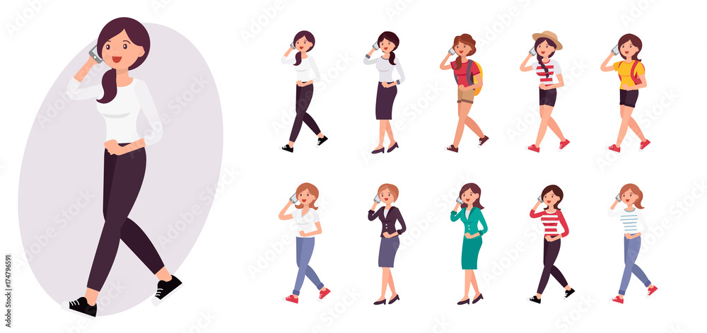 Cartoon character design female woman walking and talking on the smart phone collection