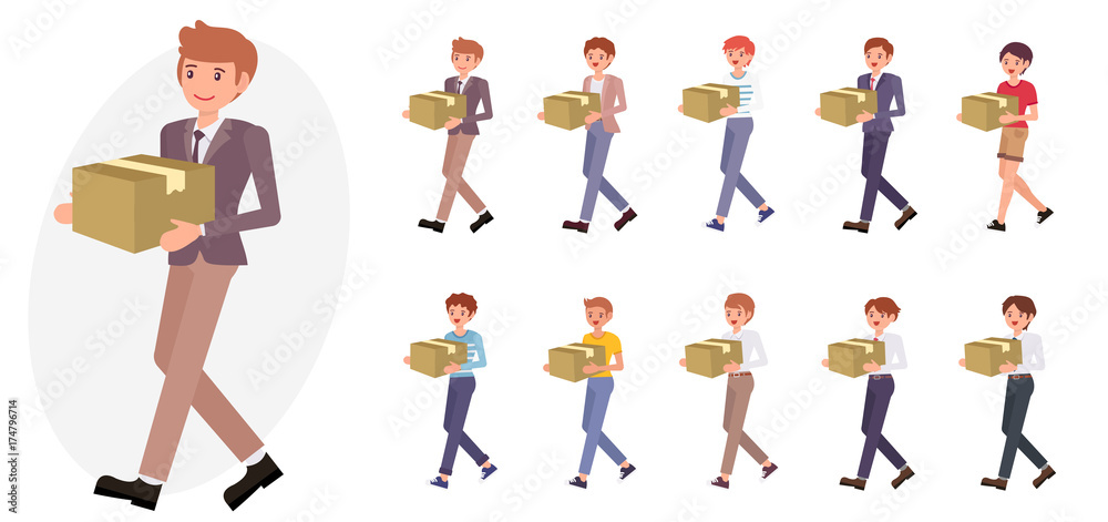 Cartoon character design male office man in business suit carry box collection - obrazy, fototapety, plakaty 