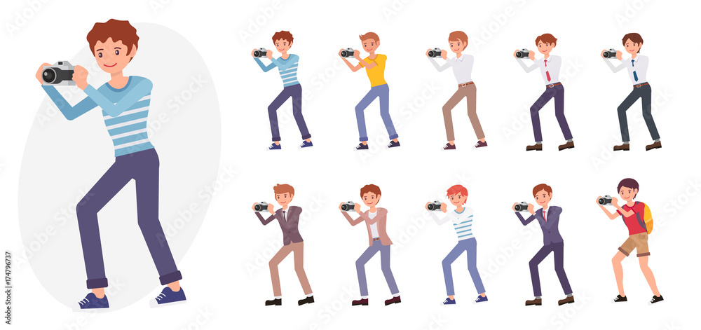 Cartoon character design male young man take picture with camera collection