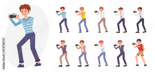Cartoon character design male young man take picture with camera collection