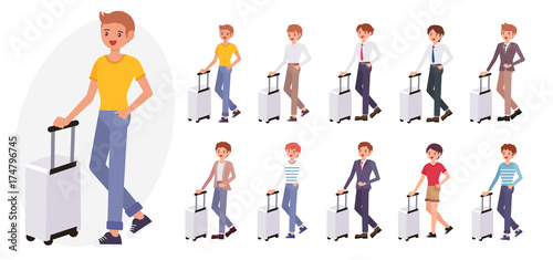 Cartoon character design male tanned skin young man stand beside luggage collection