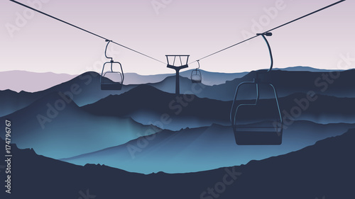 Cable car moving through high mountains in twilight time landscape