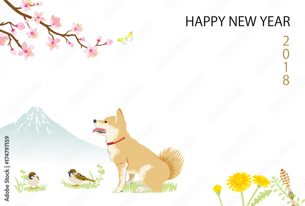 英語賀詞 18年 年賀状 柴犬と雀 富士と桜 Stock Vector Adobe Stock