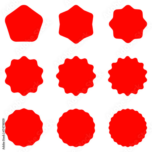 Red Postal stamps and postmarks. Collection different starburst. Set sunburst badges