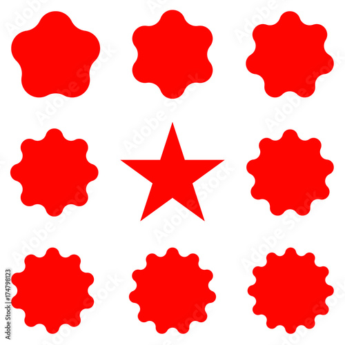 Red Postal stamps and postmarks. Collection different starburst. Set sunburst badges