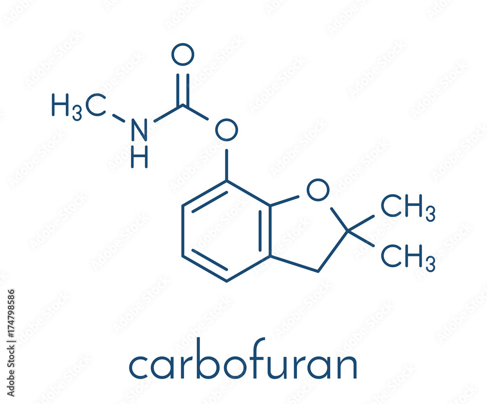 Carbofuran carbamate pesticide molecule. Insecticide that is also highly toxic to humans and wildlife. Skeletal formula.
