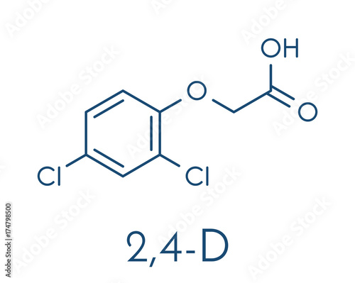 2,4-D (2,4-dichlorophenoxyacetic acid) Agent Orange ingredient. Synthetic auxin plant hormone, used as pesticide and herbicide and ingredient of Agent Orange. Skeletal formula. photo
