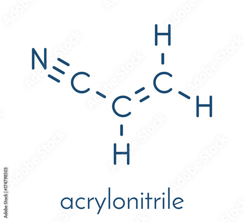 Acrylonitrile molecule, polyacrylonitrile (PAN) and ABS plastic (acrylonitrile butadiene styrene) building block. Skeletal formula.
