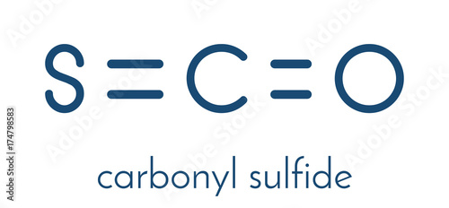 Carbonylsulfide (COS) molecule. Foul smelling gas, naturally present in the atmosphere and in cheese, cabbage, etc. Skeletal formula.