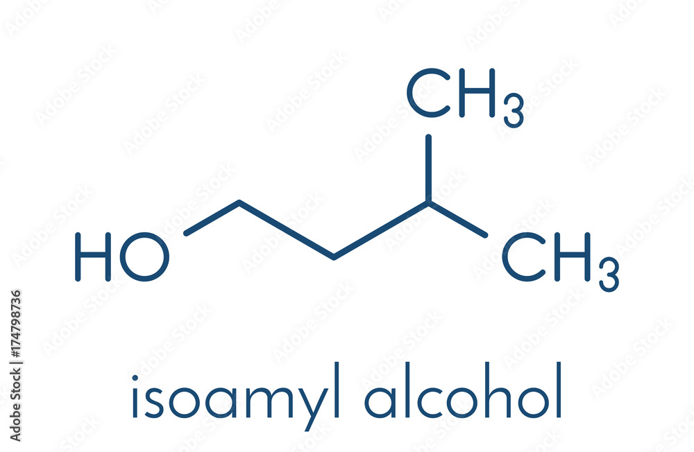 Isoamyl alcohol molecule. Skeletal formula. Isoamyl alcohol molecule. Skeletal formula.