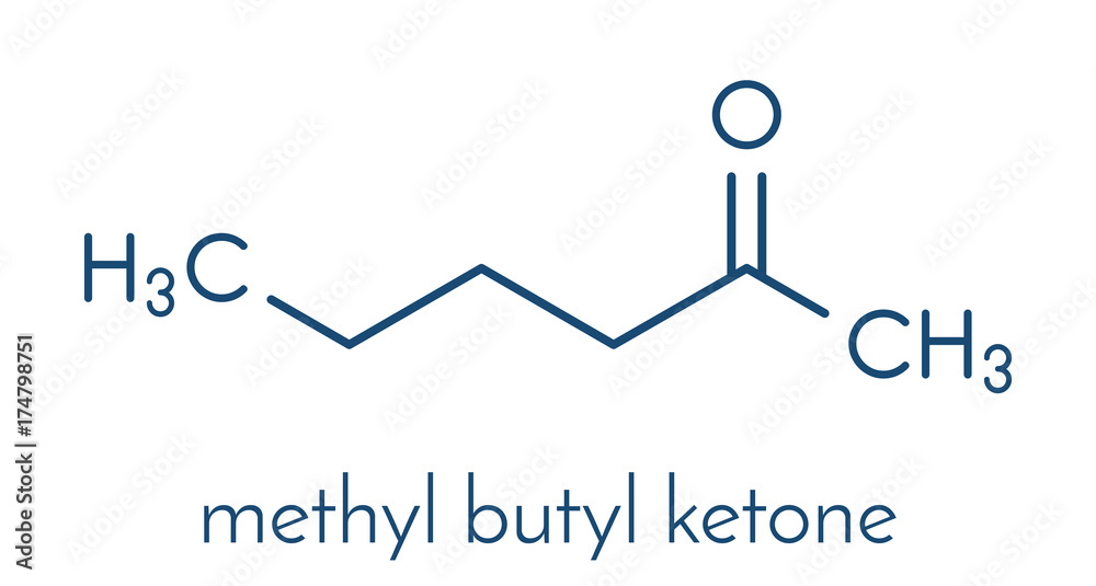 Methyl butyl ketone (MBK, 2-hexanone) solvent molecule. Skeletal formula. Methyl butyl ketone (MBK, 2-hexanone) solvent molecule. Skeletal formula.